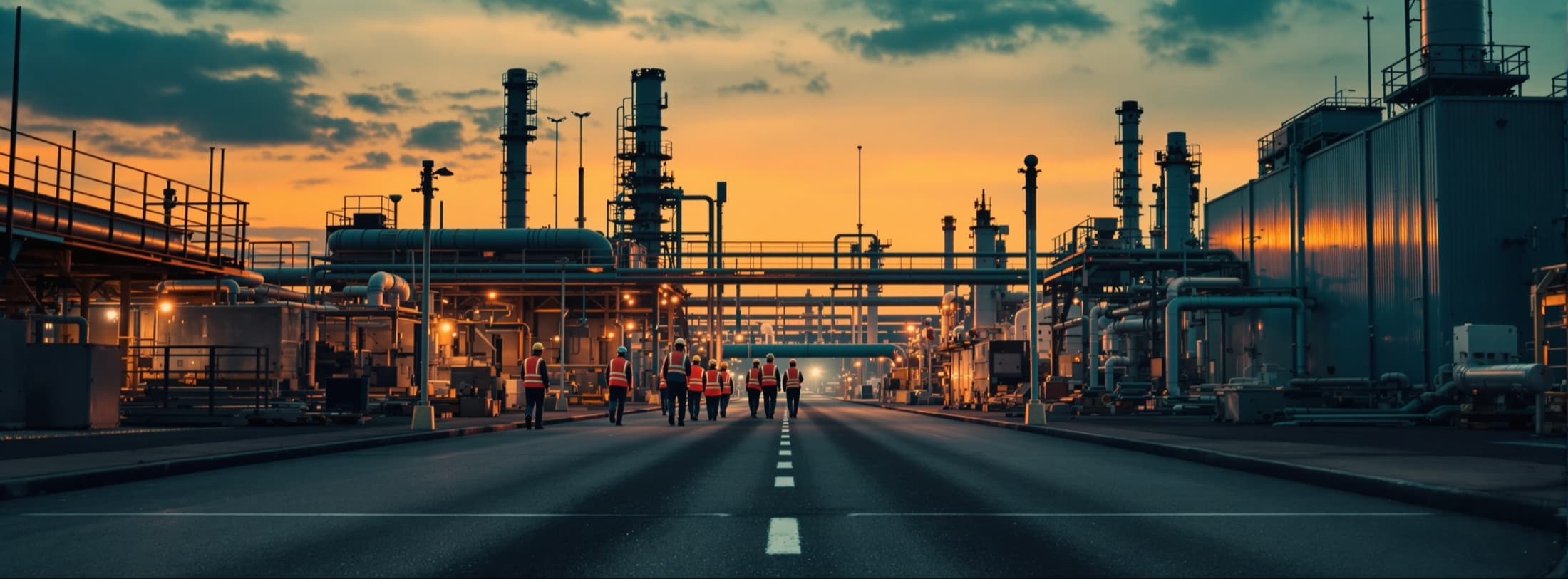 Workers in high-visibility vests walking through an industrial plant at dusk