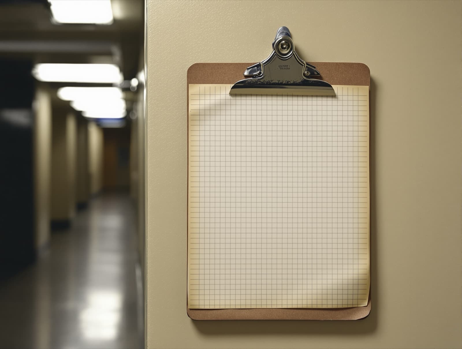 A clipboard holding a blank paper roster hanging on an industrial wall